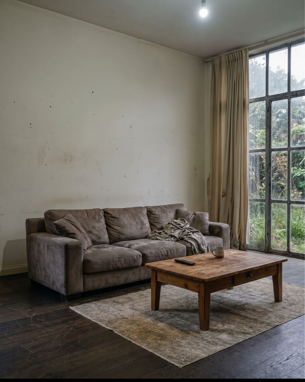 Before: a bare living room with a worn grey sofa and a single ceiling bulb